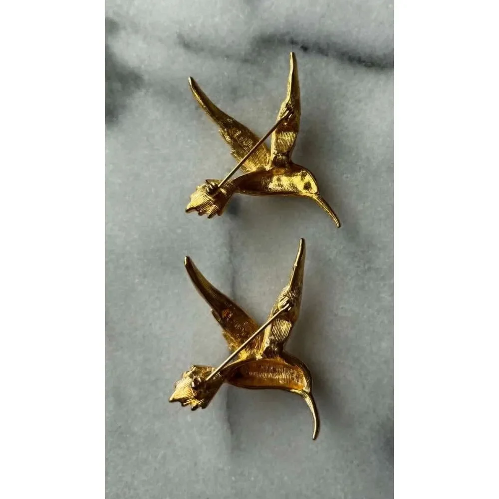 Vintage Gold Tone Hummingbird Brooches Pins Rhinestones Red Eye 1960s Lot of 2